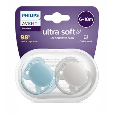Afbeelding van Avent Ultra Soft 2 Orthodontische Siliconen Fopspenen 6 18 Maanden (Kleur : Blauw Groen/Grijs)