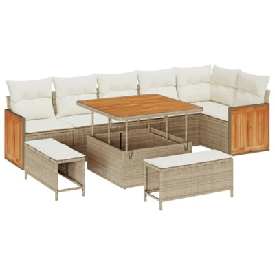 Afbeelding van vidaXL 9 delige Tuinsofa Set met Kussens in Beige van Poly Rattan en Acacia