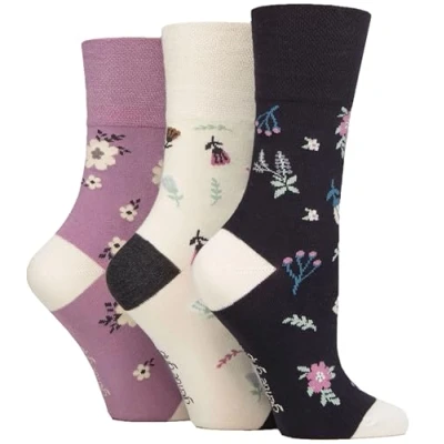 Afbeelding van Gentle Grip SOCKSHOP zachte damessokken met patroon en gestreepte ademende bamboe sokken in een multipack van 3, Botanische bloei, 37 42 EU