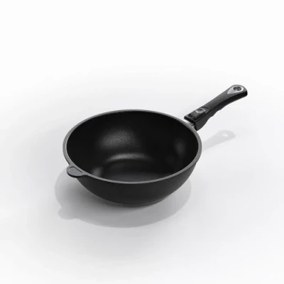Afbeelding van AMT Gastroguss Wok 28 cm Ø, 11 hoog, wokpan, niet geschikt voor inductie, afneembare steel, Lotan® antiaanbakafwerking, gietijzeren pan (gegoten aluminium), AMZN 1128S Z20B