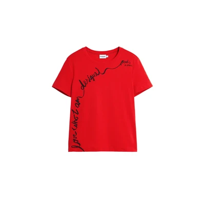 Afbeelding van Desigual WITH Embroidered Phrase Tshirt print, Dames, Maat: Large, Red