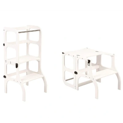 Afbeelding van Ette Tete Step &#039;n Sit Leertoren Wit met zilveren clips Inklapbaar tot tafel en stoel Learning Tower Montessori inspired Keukentrap Keukenhulp Leerstoel Veilig Duurzaam