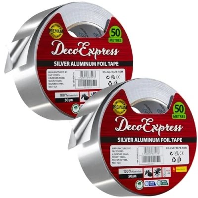 Afbeelding van DECO EXPRESS Aluminiumtape, afdichtingstape, metaal, 45 mm x 10/25/50 m, hoge temperatuur, plakband voor reparaties, doe het zelf werkzaamheden (50 m 2 stuks)