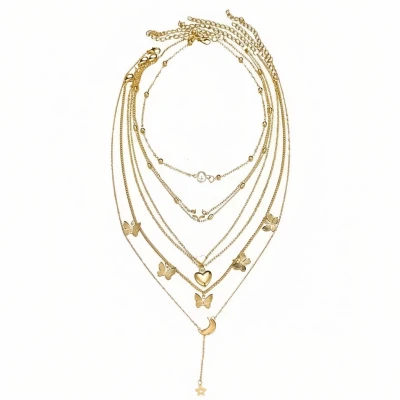 Afbeelding van 6 delige goudkleurige damesketting set layered design met vlinders, hart, ster, maan en parelaccent