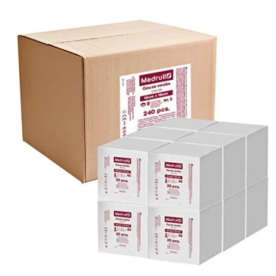 Afbeelding van Medrull Mullwattenstaafjes Steriel 10 x cm niet klevende wondkussens extra absorberend 8 laags verpakt 5 stuks x20 papieren zakken/x 12 dozen (1200 stuks)