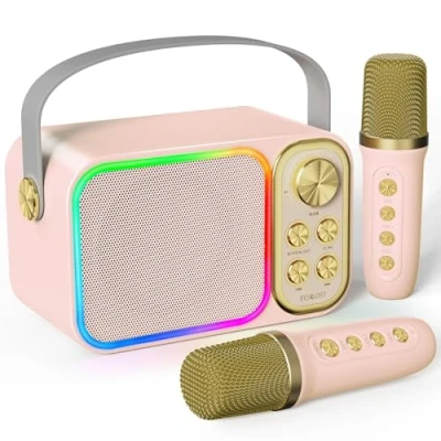 Afbeelding van BESCOST Led karaoke machine met 2 draadloze microfoons, mini installatie 7 wisselende stemeffecten, draagbare voor kinderen