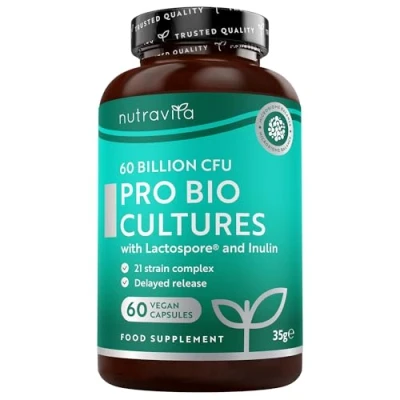 Afbeelding van 60 miljard CFU Probiotica Supplementen 21 Bacteriestammen met LactoSpore® Spijsvertering Supplement tegen Opgeblazen Gevoel en Buik Pro Bio Cultures Complex Digestives Enzymes Super Sterke Bacteriële Culturen Vegan Capsules Nutravita