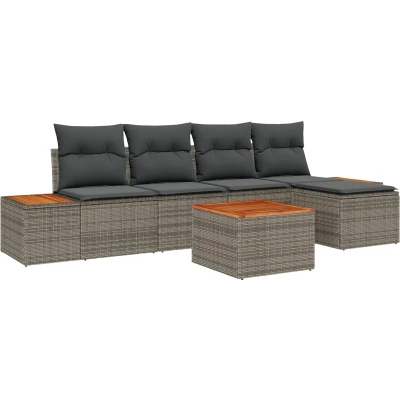 Afbeelding van vidaXL 6 delige Tuinsofa Set met Kussens Grijs Poly Rattan Acacia