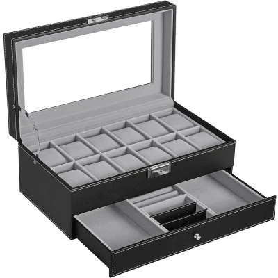 Afbeelding van Luxe 12 vaks Horlogebox Horlogedoos voor dames en heren Sierendoos Juwelendoos met lade Horlogekist Sieradenkist Zwart Grijs