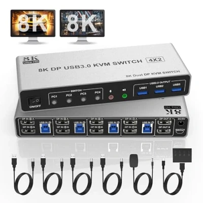 Afbeelding van 8K @60Hz Displayport USB 3.0 KVM Switch 2 monitoren voor 4 computers 4K @144Hz, DP1.4 Dual Monitor poorten met audio uitgang en 3 3.0, DP