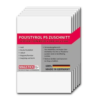 Afbeelding van Mag_260 Polystyreen platen, wit, DIN A5, kunststof hardplaten, PS gesneden, 14,8 x 21 cm, 1 mm dik, voor modelbouw, architectuur, doe het zelf, 6 stuks