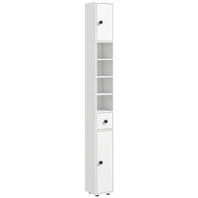 Afbeelding van kleankin Badezimmerschrank schmal, Hochschrank Toilettenschrank mit Schublade und 4 offenen Fächern, Badschrank für kleine Räume Badezimmer, Wohnzimmer 20 x 180 cm Weiß