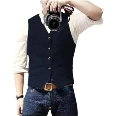 Afbeelding van Solovedress Casual wollen vest met visgraatpatroon voor onder pak, v hals, tweedvest bruiloft, groomsmen, donkermarineblauw, M
