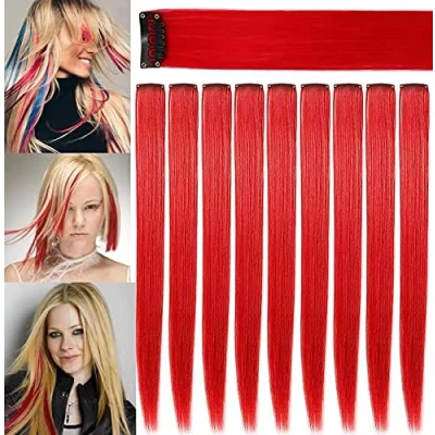Afbeelding van ZHIRXIN 9 Pcs Rood Gekleurde Clip In Hair Extensions Party Hoogtepunten Synthetische Pruik Stuk, Haarstukken Haaraccessoires voor Meisjes Vrouwen Kinderen (Rood)