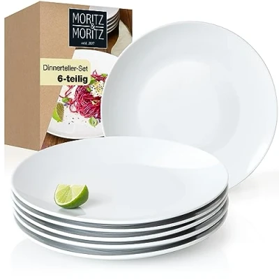 Afbeelding van Moritz &amp; Basic Eetbordenset voor 6 personen, modern, Ø 27 cm, hoogwaardig porseleinen servies, wit, platte borden, set van 6, perfect als eetborden, tafelservies en serveerborden