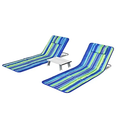 Afbeelding van COSTWAY Set van 2 strandmatten met bijzettafel, hoofdkussen en opbergvak, ligmat verstelbare rugleuning, opvouwbare zonmat, licht, draagbaar, strandstoel voor het strand (groen)