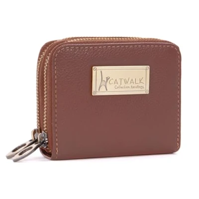 Afbeelding van Catwalk Collection ISLA Dames Luxe Kleine Organiser Portemonnee met Ritssluiting en Geschenk Doos Kwaliteit Leer RFID Protectie creditcard munten compartiment Tan
