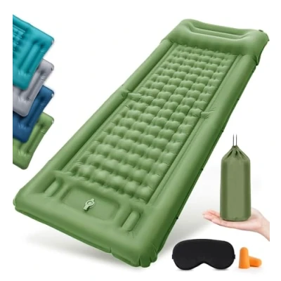 Afbeelding van Slaapmat, zelfopblazend luchtbed, kampeermatras met voetpomp, luchtbed kamperen geïntegreerd kussen voor kamperen, wandelen, strand, picknick, tent (Olijfgroen, Enkel)