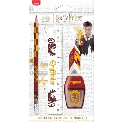 Afbeelding van Maped Gryffindor schrijfwarenset 4 delig 1 transparante liniaal 15 cm + puntenslijper gat gum potlood HB officiële Harry Potter licentie