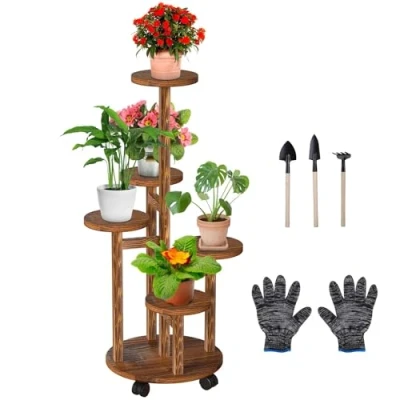 Afbeelding van Wuciray bloemenstandaard houten plantenstandaard met wielen 5 laags plantentrap plantenplank bloemenbank bloemenplank bloementrap balkonplank binnen buiten terras decoratie appartement