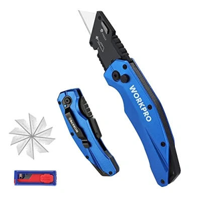 Afbeelding van WORKPRO Professionele opvouwbare cutter, utility snijder met snelwisselmechanisme, blauwe 10 extra SK5 messen, ideaal voor snijden