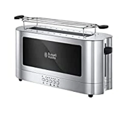 Afbeelding van Russell Hobbs Broodrooster [lange sleuf voor 2 sneetjes brood] Elegance glas/roestvrij staal (extra brede broodsleuf, incl. opwarmrekje, 6 bruiningsniveaus + ontdooi &amp; opwarmfunctie) 23380 56