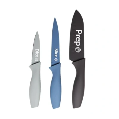 Afbeelding van MasterChef Captions Keukenmes, koksmes voor groenten, vlees en schillen, roestvrij staal, scherp lemmet met krasbestendige coating, zachte handgrepen, 3 stuks, blauw
