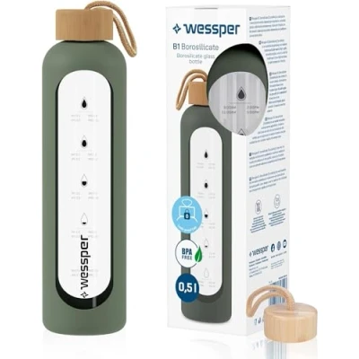 Afbeelding van Wessper Waterfles van glas met tijdmarkering, lekvrije drinkfles, borosilicaatglas, BPA vrij, motiverende glazen fles siliconen hoes, 500 ml, olijf