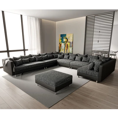 Afbeelding van bank Clovis XXL zwart met hocker Ottomaans links woonlandschap module