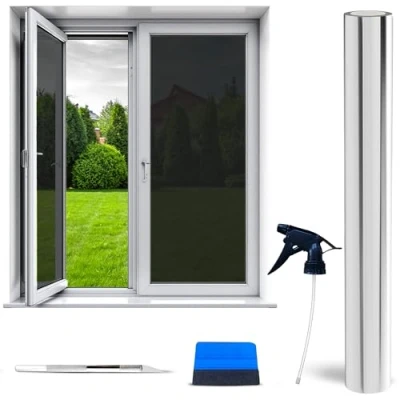 Afbeelding van Perfect cover UV bescherming, zonwerende folie voor binnen met rakel of buitenraam, zelfklevende folie, spiegelfolie, zilveren reflecterende raamfolie, zonder resten. (75x200)
