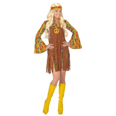 Afbeelding van Widmann Hippie Kostuum Bruin Kort Meisje Davy Vrouw XS Carnavalskleding Verkleedkleding