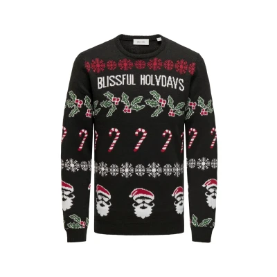 Afbeelding van Only &amp; Sons XMAS Allover Rneck Trui, Heren, Maat: Small, Schwarz