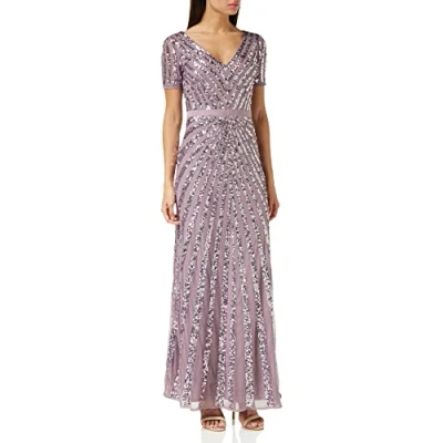 Afbeelding van Maya Deluxe Maxi dames verfraaid pailletten jurk lange korte mouw V hals hoge Empire taille een cut glanzend prom bruiloft bruidsmeisje, Moody Lila, 34