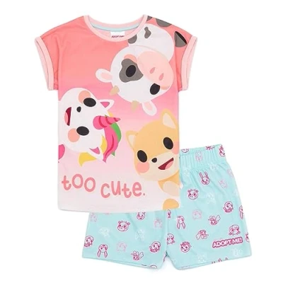Afbeelding van Adopt Me Meisjes Roze Pyjamaset Schattige Dierenprint Pyjama&#039;s, Zacht Kortemouw Kortebroek Nachtkleding Ideaal voor Kleine die van Stijlvolle Slaapkleding Houden Perfect Cadeau Haar