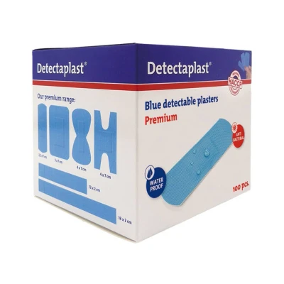 Afbeelding van Detectaplast blauwe pleisters Premium, metaaldetecteerbare, waterdichte en vuilwerende sensitive, voor de voedingsindustrie, catering grootkeuken, 25 x 72 mm, 100 stuks