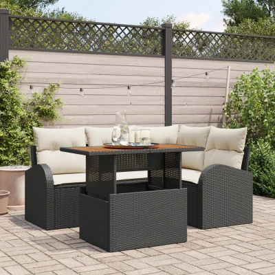 Afbeelding van vidaXL 5 delige tuin eettafel set met kussens zwart poly rattan acacia