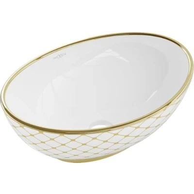 Afbeelding van Premium wastafel ovaal Elza opzetwastafel voor de badkamer en gastentoilet met lotuseffect moderne 40,5x33x14 (wit/goud ruitpatroon)