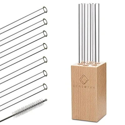 Afbeelding van Salizzada glazen rietjes 7 stuks 0,8 x 20 cm (ØxH) houten houder borstel