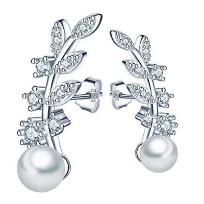 Afbeelding van MICGIGI Vrouwen Stijlvolle Bladeren Parel Oorbellen 925 Sterling Zilver Zirconia Stud 5mm (Zilver), Parel,