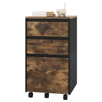 Afbeelding van WOLTU ASK01hov mobiele archiefkast, kast voor ordner, opbergkast kantoor, kantoorkast met wielen, rolcontainer 3 laden, donker eiken zwart, 40 x 70 cm