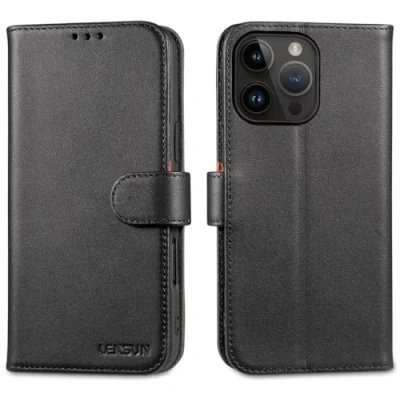 Afbeelding van LENSUN echt leren hoes voor iPhone 16 Pro Max 5G, telefoonhoes van leer, magneetsluiting, RFID, mobiele telefoon beschermhoes, Max, zwart