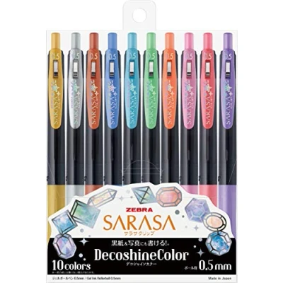 Afbeelding van Zebra Sarasa Clip Gel Pen 0.5mm Decoshine Color 10 Set verpakt in een Zipperbag
