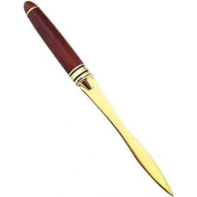 Afbeelding van Jieddey letteropener, cadeaupapier, goudlegering, handvat van hout, zwaardmes, mes roestvrij staal, metaal, voor dames en heren, goud