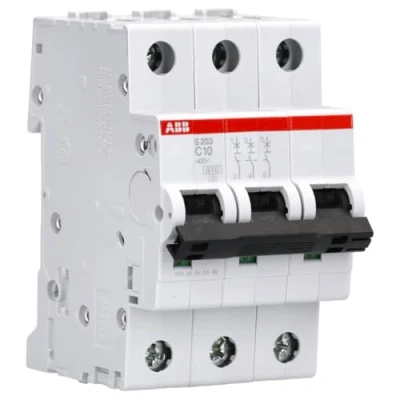 Afbeelding van Abb s203 installatieautomaat 3p c karakteristiek 10a iec en 60898 1 6 ka iec60947 2 10 3 modulen breedte 52 5mm 2cds253001r0104