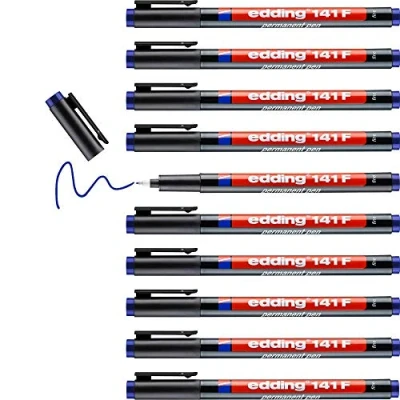 Afbeelding van edding 141 F permanente pen 10 stiften blauw ronde punt 0,6 mm voor schrijven op glas, plastic, folies en gladde oppervlakken permanent, sneldrogend, veegvast watervast
