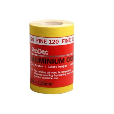Afbeelding van ProDec 5 m rol 120 korrel fijn geel aluminiumoxide schuurpapier voor het schuren van hout, verf, gips, vulmiddel, metaal en meer, 115 mm breed compatibel met machineschuurmachines