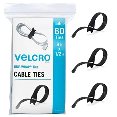 Afbeelding van Velcro Merk Heavy Duty kabelbinders herbruikbaar 60 stuks bulkverpakking 8 x 1/2 inch één wikkel banden, zwart sterk draadbeheer snoerbundeling voor thuiskantoor en datacenters