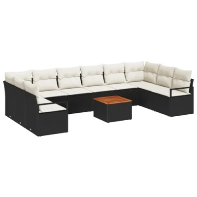 Afbeelding van vidaXL 11 delige Tuin Sofaset met Kussens Zwart Poly Rattan Acacia, 2 Zits Sofa