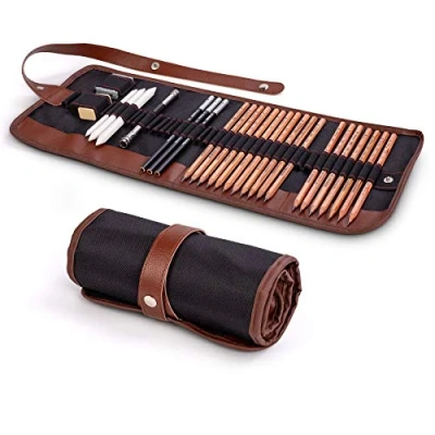 Afbeelding van Cooja Schetsen tekenpotlodenset, kunstaccessoires, tekenset, schetspotloden, etui met grafietpotloden, houtskoolpotloden, uitbreiding voor kunstenaars, kinderen, volwassenen, 29 stuks