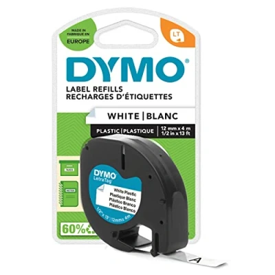 Afbeelding van DYMO authentieke plastic LT labels 12 mm x 4 m op rol Zwart afdrukken witte Voor LetraTag labelmakers
